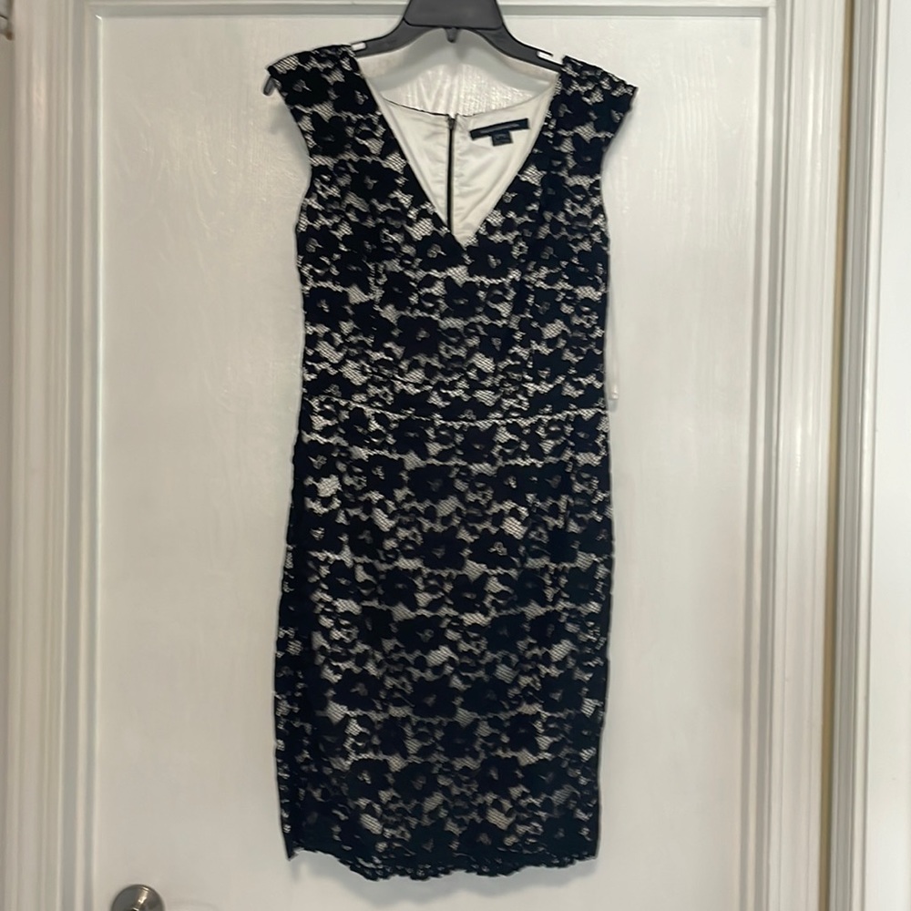French Connection Black lace/white satin cocktail dress. Size 10.